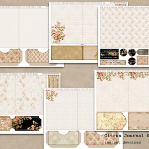 May include: Printable digital collage sheet featuring a floral theme. The sheet includes a variety of elements such as labels, tags, and decorative borders. The colours are mainly beige, brown, and pink.
