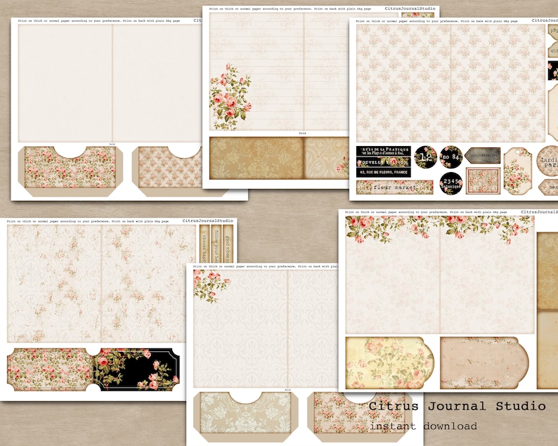 May include: Printable digital collage sheet featuring a floral theme. The sheet includes a variety of elements such as labels, tags, and decorative borders. The colours are mainly beige, brown, and pink.