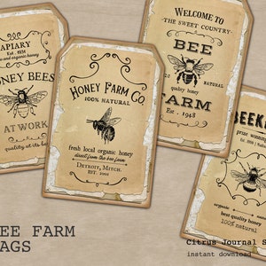 Honey Bee Tags, Bee Labels, Bees Ephemera, Junk Journal Kit, Vintage Tags, Digital Tags, Busy Bee, Vintage Farm, Bee Tags, Beekeeper Tags