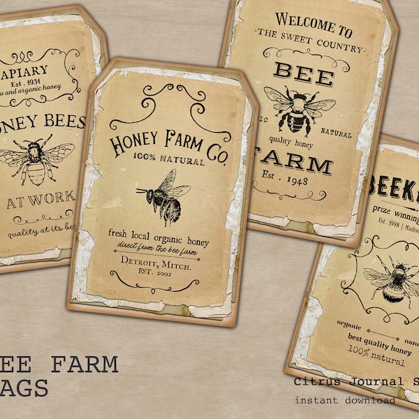 Honey Bee Tags, Bee Labels, Bees Ephemera, Junk Journal Kit, Vintage Tags, Digital Tags, Busy Bee, Vintage Farm, Bee Tags, Beekeeper Tags