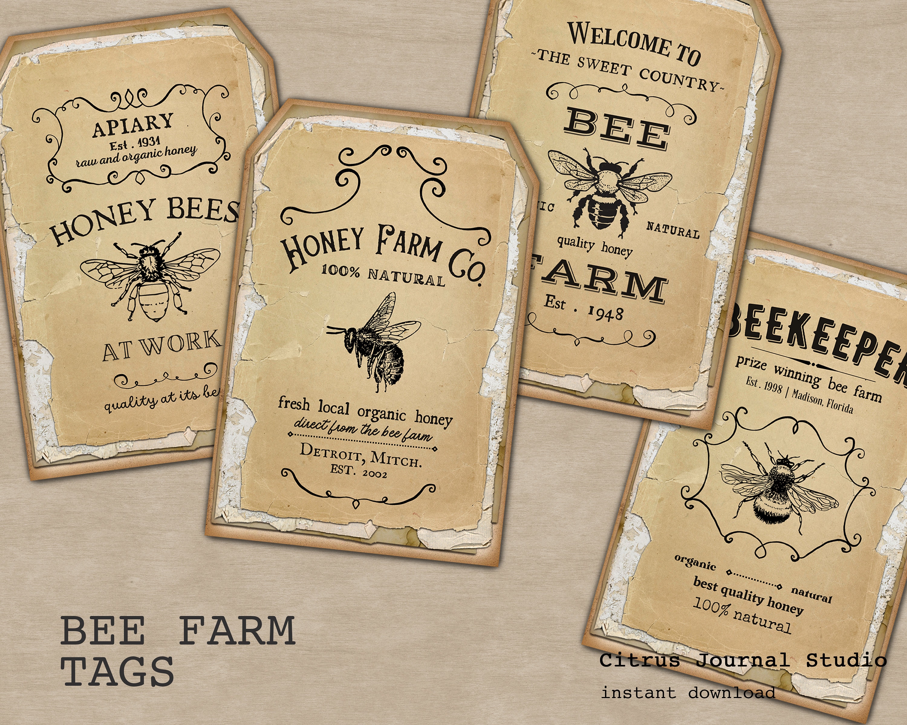 Honey Bee Tags, Bee Labels, Bees Ephemera, Junk Journal Kit, Vintage Tags, Digital Tags, Busy Bee, Vintage Farm, Bee Tags, Beekeeper Tags