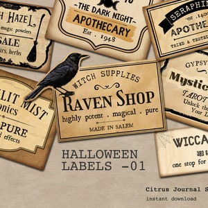 Halloween Labels, Fussy Cuts, Spooky Ephemera, Raven, Potion Labels, Digital Labels Vintage Halloween Junk Journal Apothecary, Tarot Reader