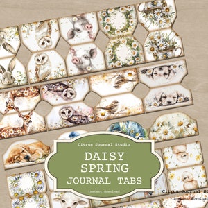 Onglets marguerites, onglets de journal indésirable, onglets de carnet de printemps, embellissements vintage, onglets imprimables, onglets bureau, onglets fleurs, marguerites, animaux de la ferme