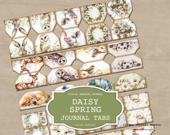 Daisy Tabs, Junk Journal Tabs, Spring Journal Tabs, Vintage Embellishments, Printable Tabs, Office Tabs, Floral Tabs, Daisies, Farm Animals