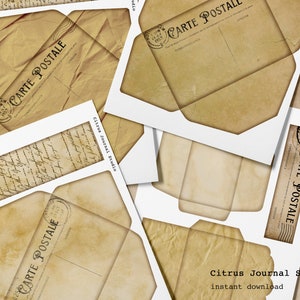 May include: A set of vintage-style postcards with the text "Carte Postale" printed on them. The postcards are in various shades of brown and have a distressed, aged look. The text "Citrus Journal Studio" is printed on the bottom of the image.
