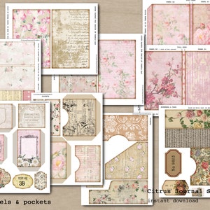 May include: A set of printable digital scrapbook paper featuring floral patterns, vintage text, and decorative elements. The papers are designed for use in journals, planners, and other craft projects. The papers are available for instant download.