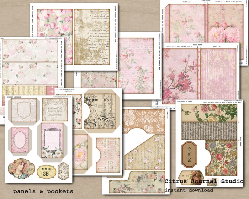 May include: A set of printable digital scrapbook paper featuring floral patterns, vintage text, and decorative elements. The papers are designed for use in journals, planners, and other craft projects. The papers are available for instant download.