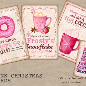 Noël rose, panneau de Noël, carte de Noël, kit de journal indésirable, éphémères de Noël, arbre de Noël, éphémères rose cacao chaud, étiquette de Noël