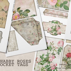 Roses Pocket Tag, Junk Journal Kit, Printable Ephemera, Collage Sheet, Vintage Rose, Scrapbook, Pink Rose, Rose Junk Journal, Loaded Tags