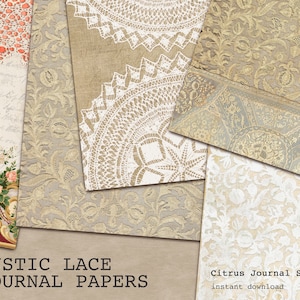 Spitze Journal Papier, Junk Journal, Dekoratives Papier, druckbares Papier, Vintage Journal, Sackleinen Spitze, rustikales Journal, weiße Spitze, Shabby Chic
