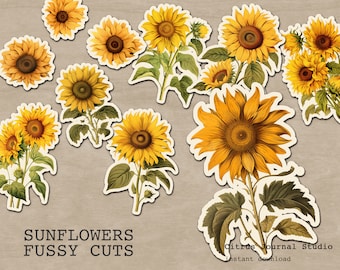 Sunflowers, Fussy Cuts, Junk Journal Kit, Printable Ephemera, Vintage Ephemera, Floral Fussy Cuts, Yellow, Digital Kit, Junk Journaling