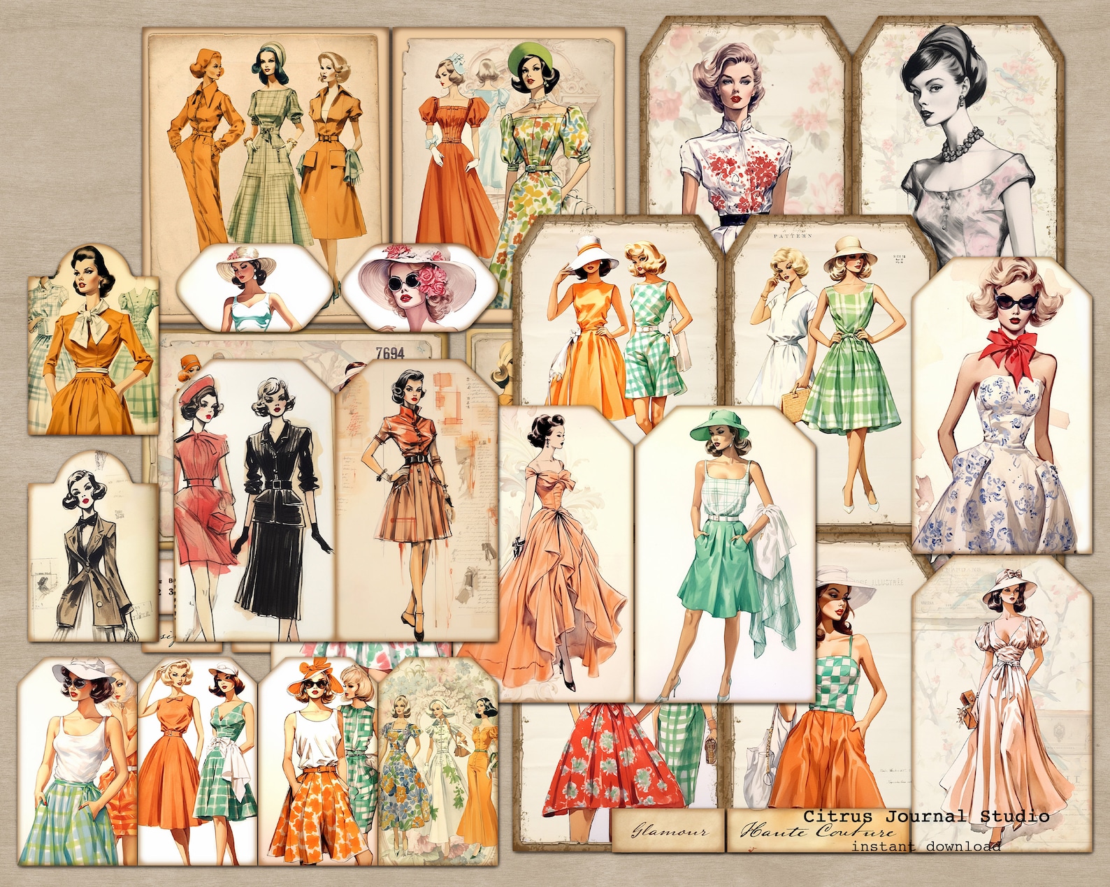 Vintage Fashion Tags, Sewing Tags, Fashion Illustration, 70s Fashion ...