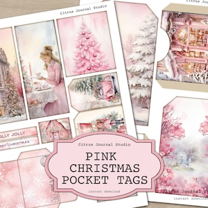 Etiquetas de Natal rosa, Shabby Chic, etiquetas de bolso de Natal, kit de diário de lixo, coisas efêmeras para impressão, flocos de neve rosa, quebra-nozes, árvore de Natal