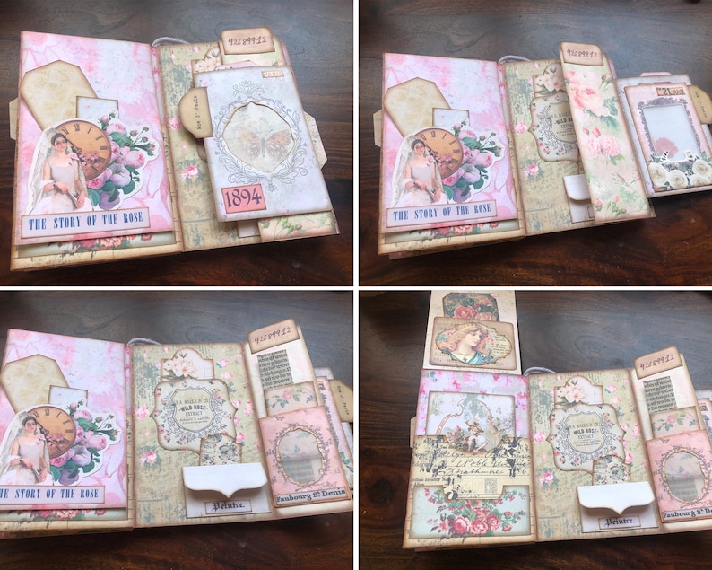 May include: A pink and brown scrapbook with a floral design and the text "The Story of the Rose" on the cover. The scrapbook has multiple pockets and flaps that can be opened and closed.