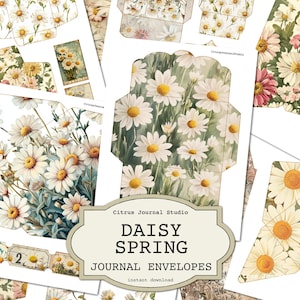Buste da diario Daisy, buste da diario Junk di primavera, alette da tasca primaverili, buste botaniche, buste floreali vintage, buste primaverili