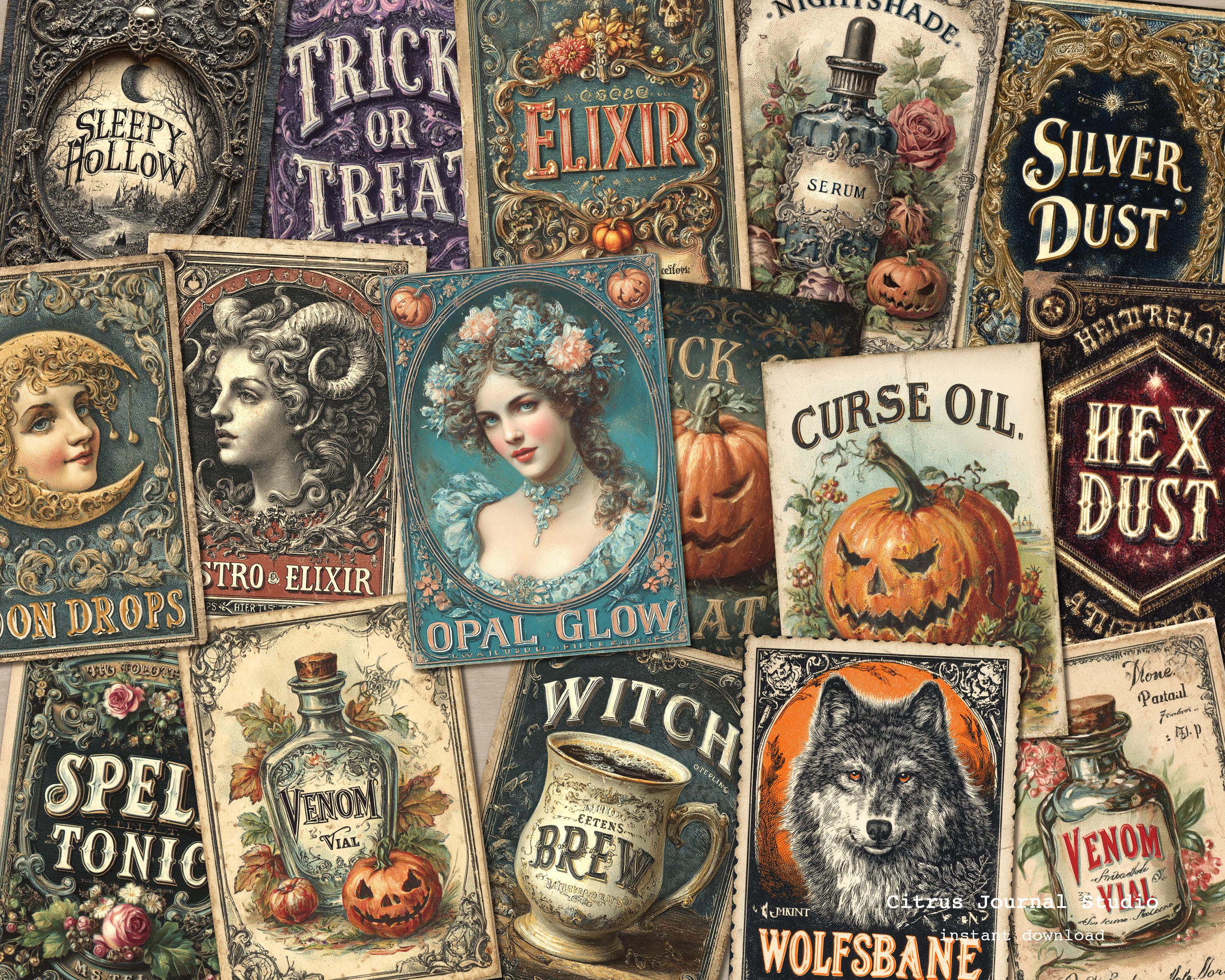 Halloween ATC Cards – Vintage Apothecary Witch Labels, Gothic Bottle ...