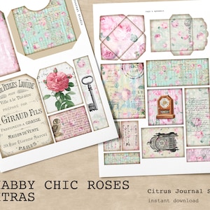 Shabby Chic, Pocket Tags, Junk Journal Kit, Printable Ephemera, Pink Roses, Floral Tags, Scrapbook, Journal Tags, Loaded Tag, Digital Kit