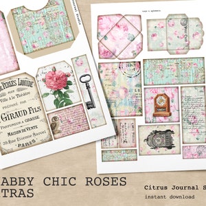 Shabby Chic, Pocket Tags, Junk Journal Kit, Printable Ephemera, Pink Roses, Floral Tags, Scrapbook, Journal Tags, Loaded Tag, Digital Kit