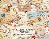 Floral Happy Phrases Junk Journal Insert, Vintage Roses Ephemera, Printable Words