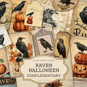 レイヴンタグ、ハロウィンタグ、パンプキンタグ、ヴィンテージハロウィン、ハロウィンのエフェメラ、ジャンクジャーナリング、ポケットタグ、ハロウィンの封筒