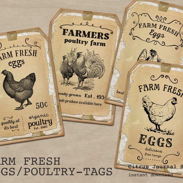 Farmhouse Tags, Journal Tags, Farm Fresh Eggs, Vintage Tags, Junk Journal Kit, Ephemera, Rooster, Poultry, Hen, Digital Kit, Printable Tags