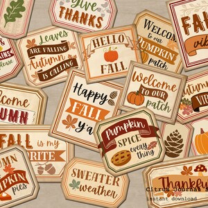 K&ouml;nnte beinhalten: Eine Sammlung von Tags im Vintage-Stil zum Thema Herbst mit verschiedenen Phrasen wie "Willkommen Herbst", "Herbst-Vibes" und "K&uuml;rbisgew&uuml;rz". Die Tags zeigen Illustrationen von K&uuml;rbissen, Bl&auml;ttern und Eicheln in warmen Farben.