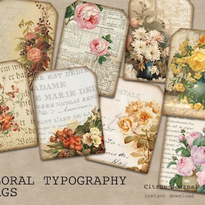 Floral Tags, Roses Junk Journal, Shabby Chic, Shabby Roses, Vintage Tags, Typography Tags, Junk Journal Kit, Flowers ATC, Vintage Ephemera