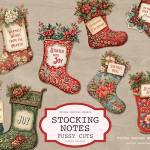 Puede incluir: Una colección de recortes de medias navideñas de estilo vintage en varios colores, incluyendo rojo, verde y azul. Cada media está adornada con patrones florales, bayas y etiquetas con frases festivas como "Warmest Wishes" y "Stocking Surprises".