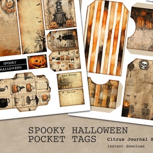 Spooky Halloween Pocket Tag, Vintage Halloween, Tag caricati, Kit diario spazzatura, Ephemera stampabile, Tag diario, Kit digitale, Zucche spaventose