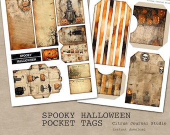 May include: A set of printable Halloween pocket tags featuring vintage-style illustrations of pumpkins, skeletons, and other spooky imagery. The tags are perfect for adding a touch of Halloween charm to your gifts, crafts, or decorations.