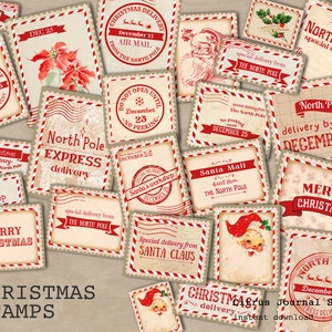 Weihnachtsstempel, Feiertagsporto, Junk Journal, druckbare Ephemera, Nordpol, Speziallieferung, Dezember Täglich, Weihnachtsstempel, Fussy Cut
