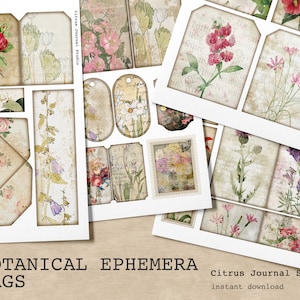 Botanical Tags, Junk Journal Kit, Envelope, Collage Sheet, Journal Tags, Ephemera, Embellishment, Floral Tags, Roses, Flowers, Antique Tags