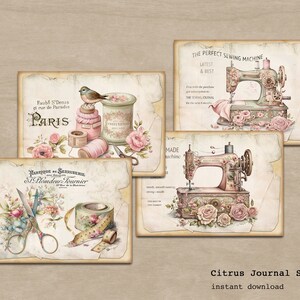 Puede incluir: Cuatro im&aacute;genes imprimibles de estilo vintage que presentan ilustraciones de m&aacute;quinas de coser con rosas rosas y texto que dice "The Perfect Sewing Machine Latest & Best" y "Made Machine".