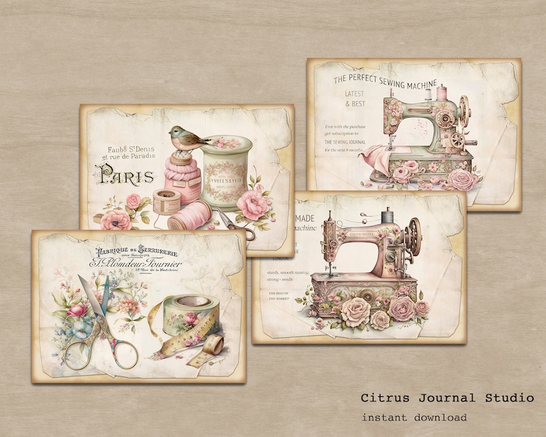 Puede incluir: Cuatro im&aacute;genes imprimibles de estilo vintage que presentan ilustraciones de m&aacute;quinas de coser con rosas rosas y texto que dice "The Perfect Sewing Machine Latest & Best" y "Made Machine".