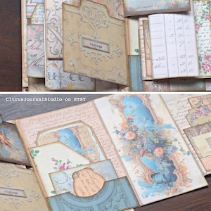 May include: A vintage-style scrapbook with multiple layers of paper and embellishments. The scrapbook is open to reveal a variety of decorative elements, including floral patterns, handwritten text, and a small tag that says "vintage".