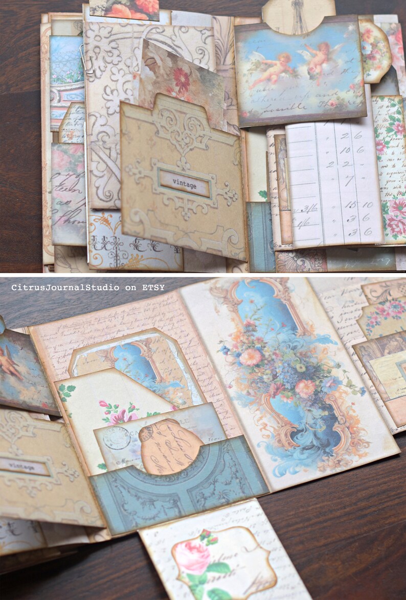 May include: A vintage-style scrapbook with multiple layers of paper and embellishments. The scrapbook is open to reveal a variety of decorative elements, including floral patterns, handwritten text, and a small tag that says "vintage".