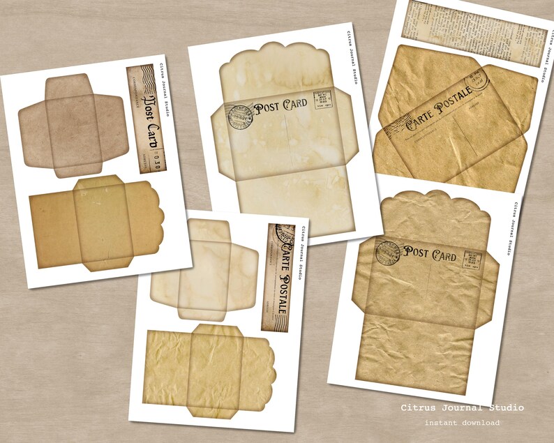 May include: Printable vintage style postcard templates with a distressed paper texture. The templates feature the text "Post Card" and "Carte Postale".
