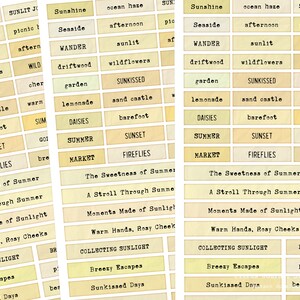 May include: A collage of rectangular labels with various summer-themed words in a typewriter font. The labels are in shades of yellow and beige, with words like "Sunshine," "Sunset," and "Fireflies."