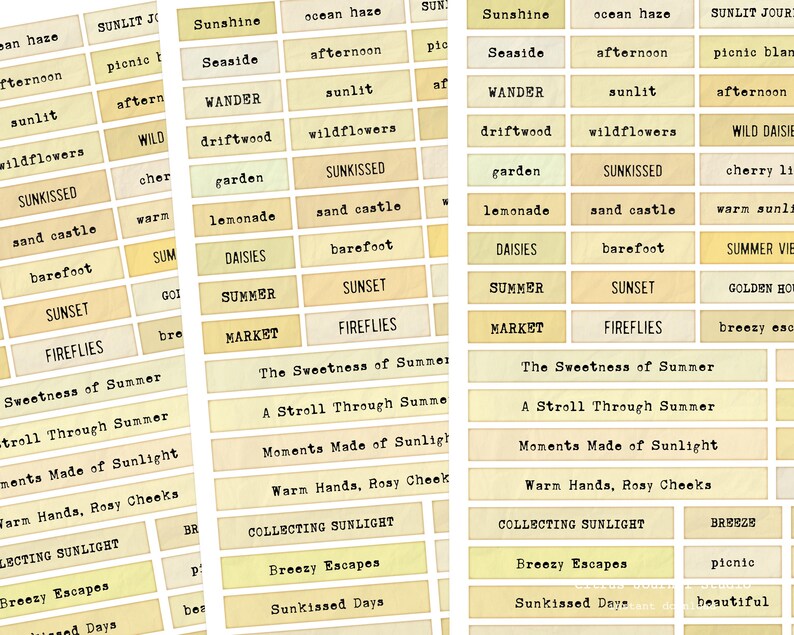 May include: A collage of rectangular labels with various summer-themed words in a typewriter font. The labels are in shades of yellow and beige, with words like "Sunshine," "Sunset," and "Fireflies."
