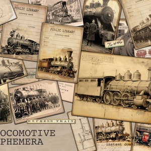 Coisas efêmeras de locomotivas, kit de diário de lixo, coisas efêmeras vintage, diário de lixo, trens, foto vintage, etiquetas de diário, cartão de biblioteca industrial, ATC