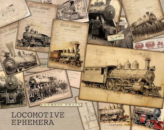 May include: A digital collage of vintage images featuring steam locomotives. The images are arranged in a random pattern on a background of aged paper. The text "LOCOMOTIVE EPHEMERA" is printed in large letters at the bottom of the collage.