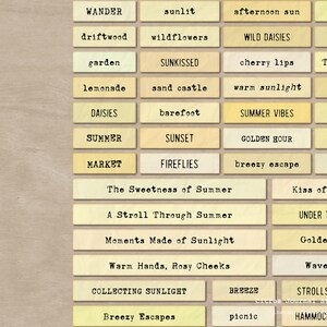 May include: A collection of rectangular tags with various summer-themed words and phrases printed in a typewriter font. The tags are in shades of yellow and beige, with text like "Summer Vibes" and "Golden Hour".