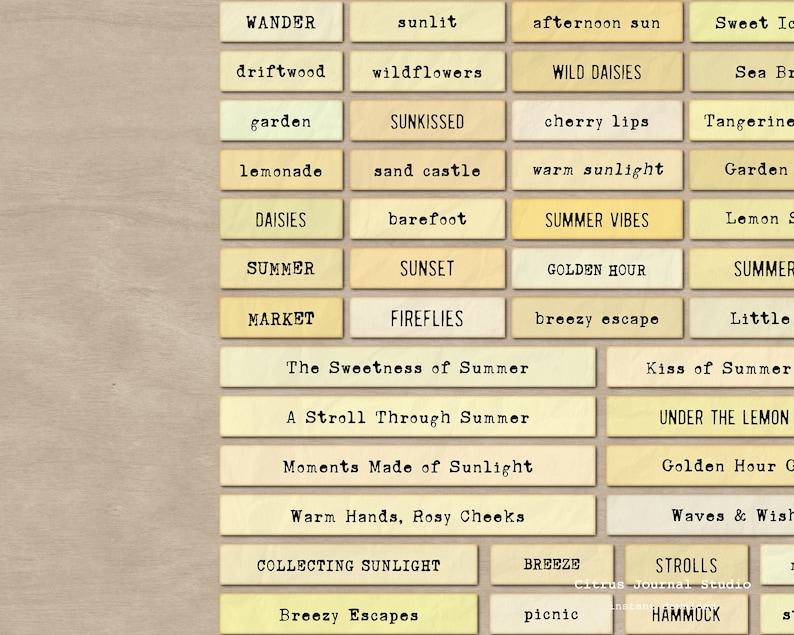 May include: A collection of rectangular tags with various summer-themed words and phrases printed in a typewriter font. The tags are in shades of yellow and beige, with text like "Summer Vibes" and "Golden Hour".