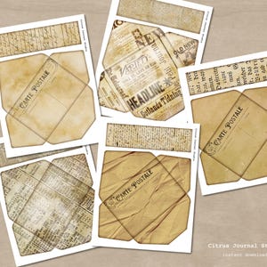 May include: Five printable vintage-style envelope designs with the text "Carte Postale" on each. The envelopes are in shades of brown and beige with a distressed, aged look.