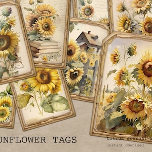 Etiqueta de girasol, etiquetas de diario basura, etiquetas vintage, efímeras, etiquetas digitales, etiquetas florales, flores vintage, girasol digital, girasol imprimible