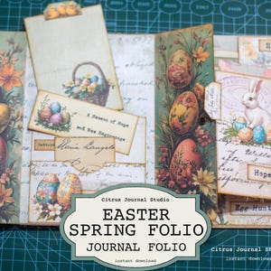 Folio de journal indésirable de Pâques, folio de printemps, étiquettes de Pâques, fleurs éphémères, panier de Pâques, découpes difficiles d'oeufs de Pâques, étiquette de lapin de Pâques, étiquette chargée