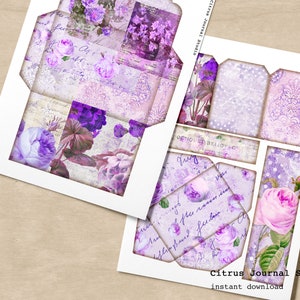 May include: Purple and pink floral scrapbook paper with a vintage aesthetic. The paper features a variety of floral patterns, including roses, geraniums, and other flowers. The paper is also decorated with handwritten text and a delicate lace pattern. The paper is perfect for scrapbooking, card making, and other paper crafts.