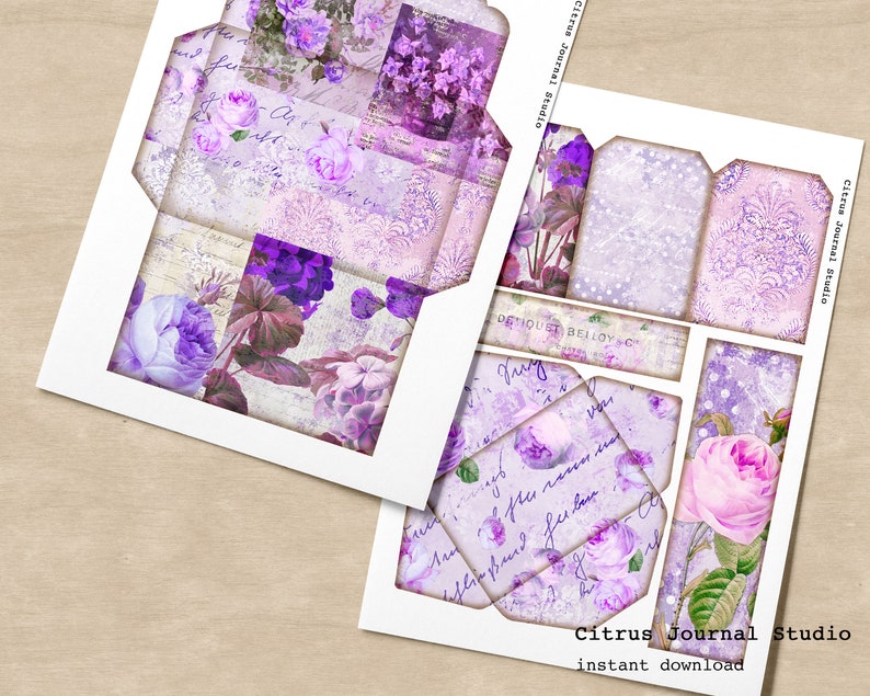 May include: Purple and pink floral scrapbook paper with a vintage aesthetic. The paper features a variety of floral patterns, including roses, geraniums, and other flowers. The paper is also decorated with handwritten text and a delicate lace pattern. The paper is perfect for scrapbooking, card making, and other paper crafts.