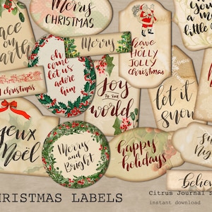 Christmas Labels, Digital Kit, Christmas Ephemera, Vintage Christmas, Journal Words, Junk Journal, Santa Tag, Embellishments, Tags, Ephemera
