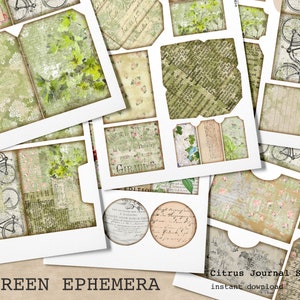 Green Ephemera, Junk Journal Kit, Ephemera, Junk Journaling, Digital Kit, Embellishments, Pocket Tags, Journal Tags, Envelope Journal Insert